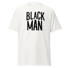 Load image into Gallery viewer, black-man-white-unisex-text-logo-tee
