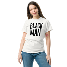 Load image into Gallery viewer, black-man-white-unisex-text-logo-tee
